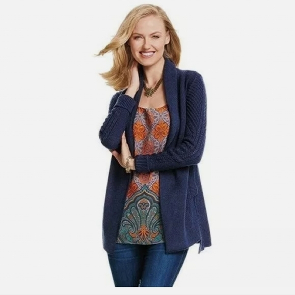 𝅺CABI Countyside Cable Knit Navy Open Front Longsleeve Cardigan Sweater Size XS - Picture 1 of 11